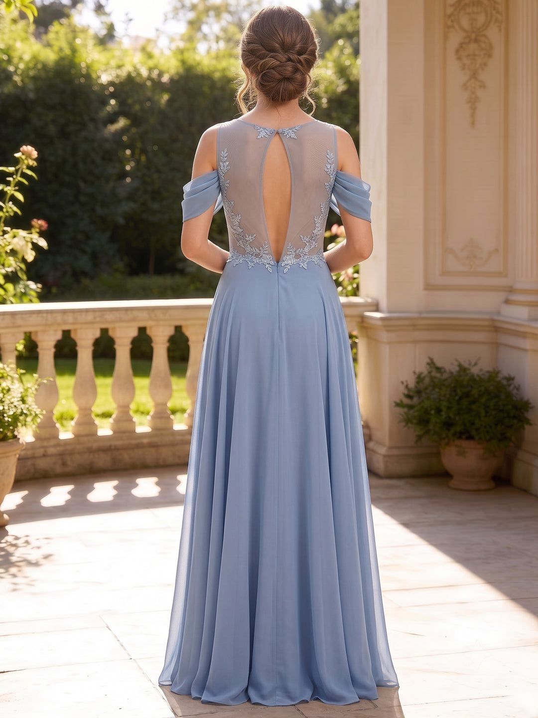 Robe de Demoiselle d'Honneur Col Rond Sans Manches Ligne A/Princesse en Mousseline Longueur au Sol à Volants Dentelle