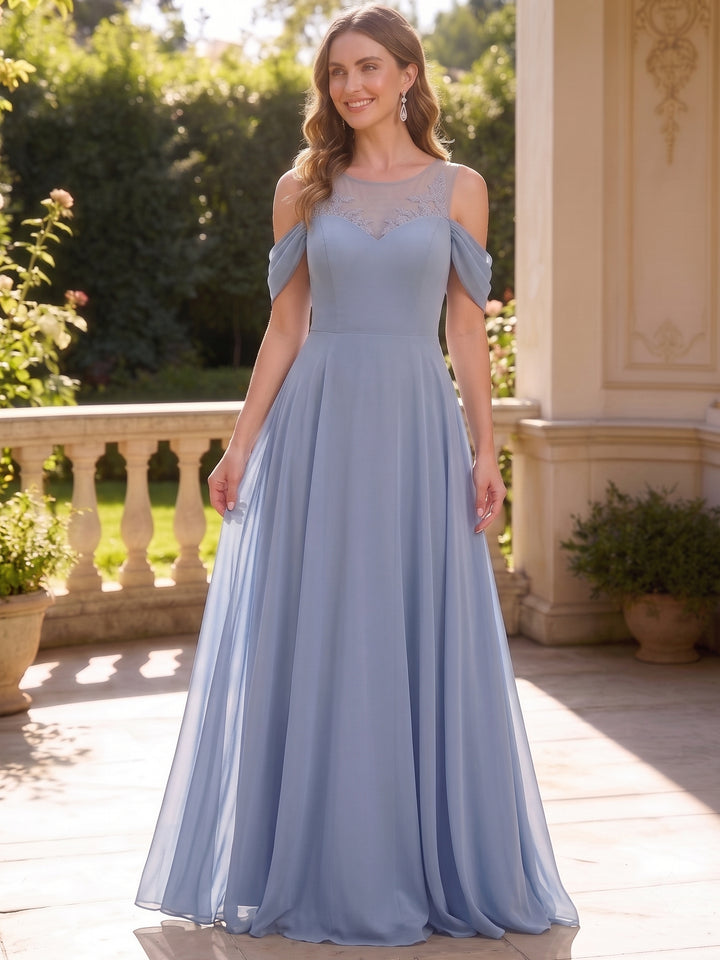 Robe de Demoiselle d'Honneur Col Rond Sans Manches Ligne A/Princesse en Mousseline Longueur au Sol à Volants Dentelle
