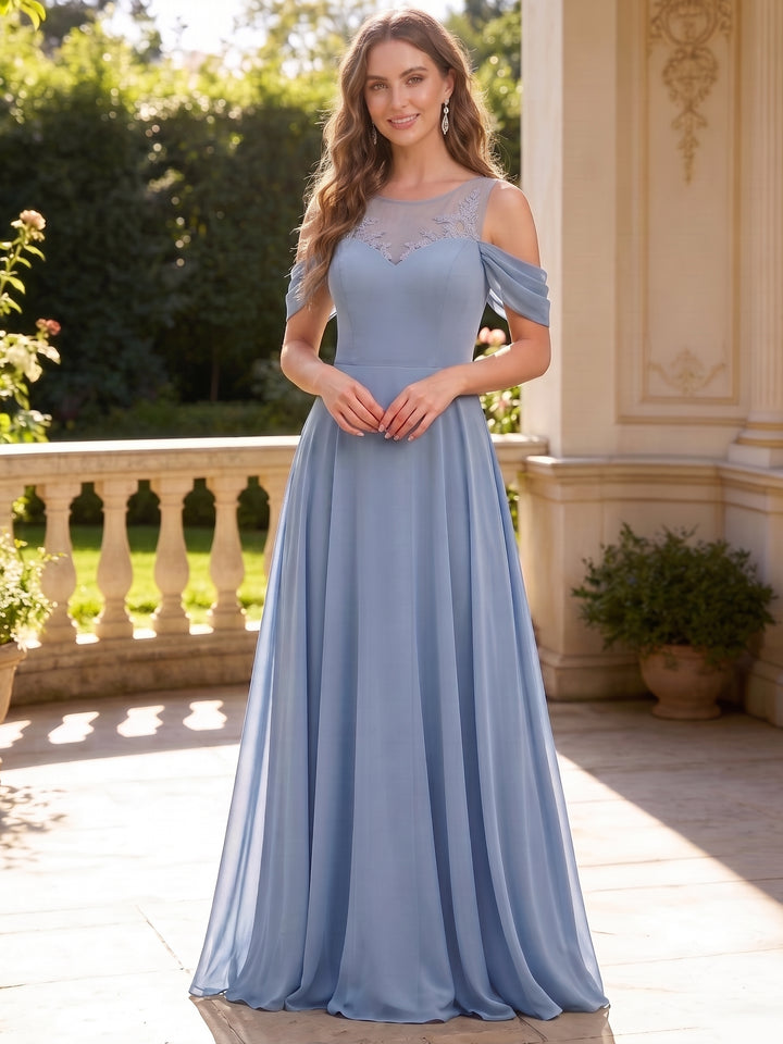 Robe de Demoiselle d'Honneur Col Rond Sans Manches Ligne A/Princesse en Mousseline Longueur au Sol à Volants Dentelle