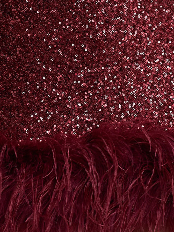 Trompette/Sirène Robe de Soirée Mini à Sequins Col Carré et Bordure en Plumes
