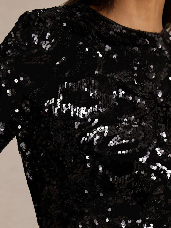 Trompette/Sirène Robe de Soirée Mini à Sequins Col Rond et Bordure en Plumes Manches Longues