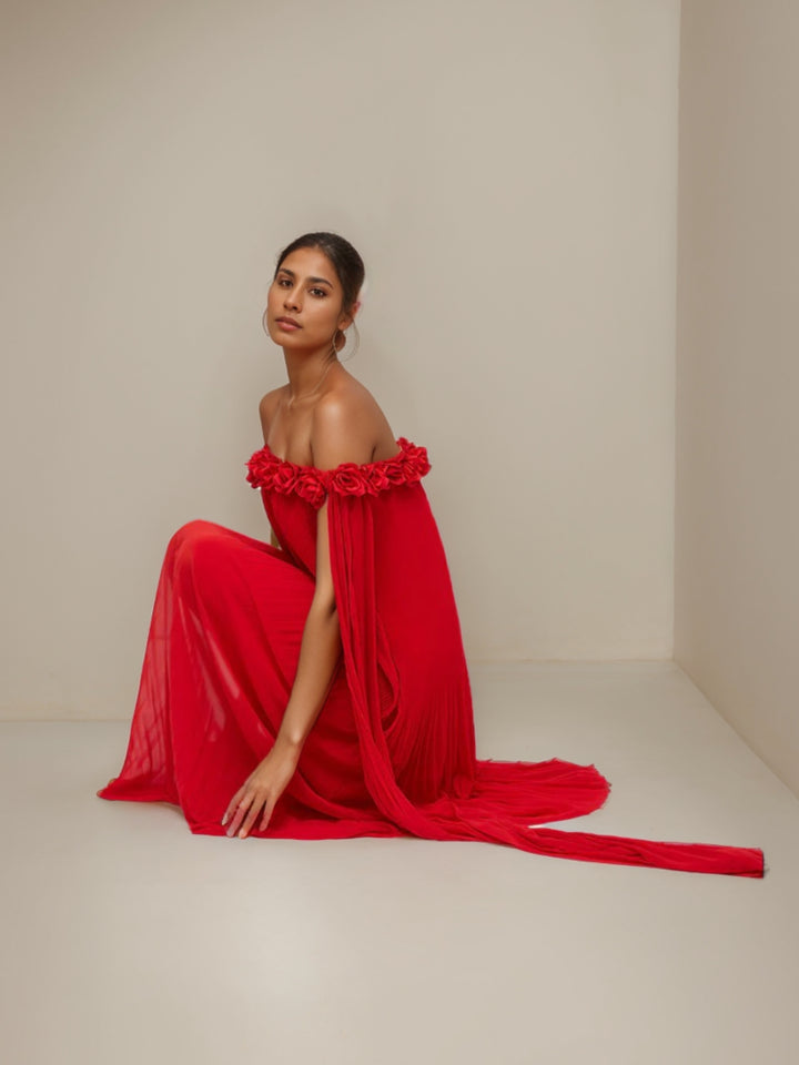 Gaine/Colonne Robe de Soirée Drapée à Épaules Dénudées Encolure Ornée de Roses en 3D