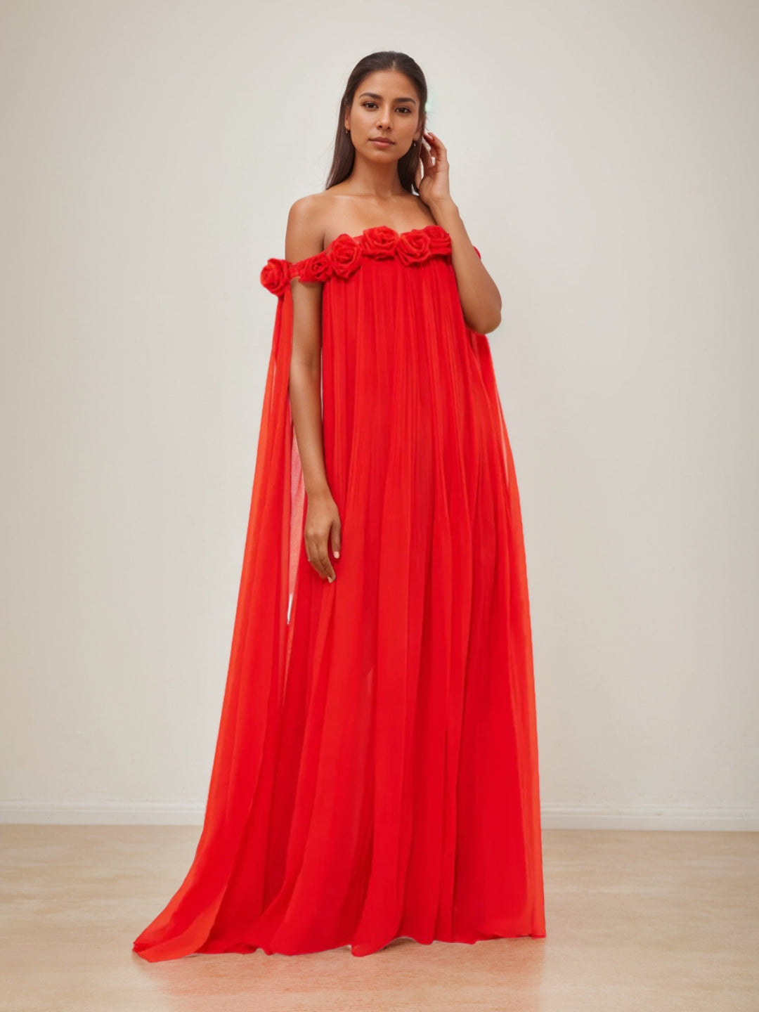 Gaine/Colonne Robe de Soirée Drapée à Épaules Dénudées Encolure Ornée de Roses en 3D