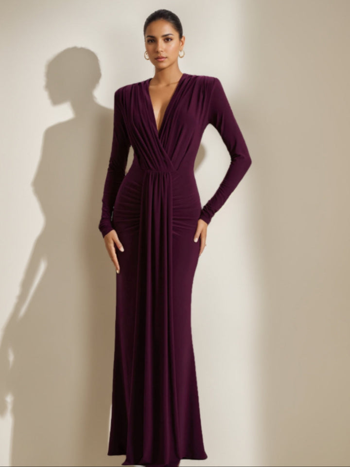 Trompette/Sirène Robe Longue Plissée à Décolleté Plongeant en V Manches Longues