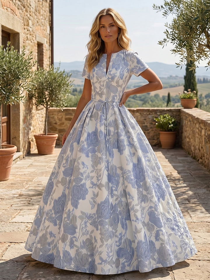 Robe de Soirée, Ligne A/Princesse, Jacquard, Col en V, Manches Courtes, Longueur au Sol, Florale