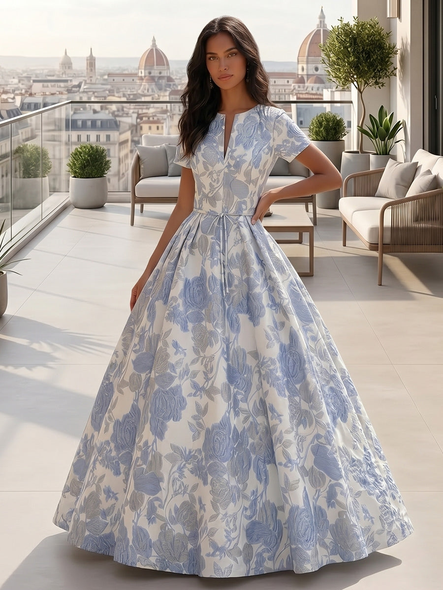 Robe de Soirée, Ligne A/Princesse, Jacquard, Col en V, Manches Courtes, Longueur au Sol, Florale