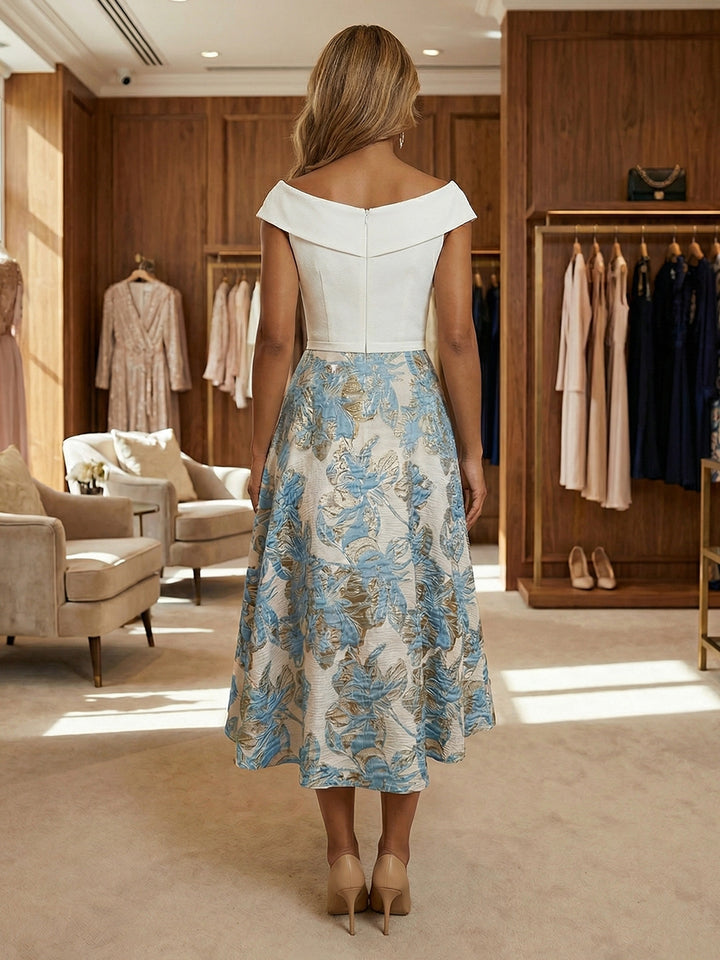 Ligne A/Princesse Col Carré Jacquard Robe Cocktail Florale Longueur du Thé Sans Manches