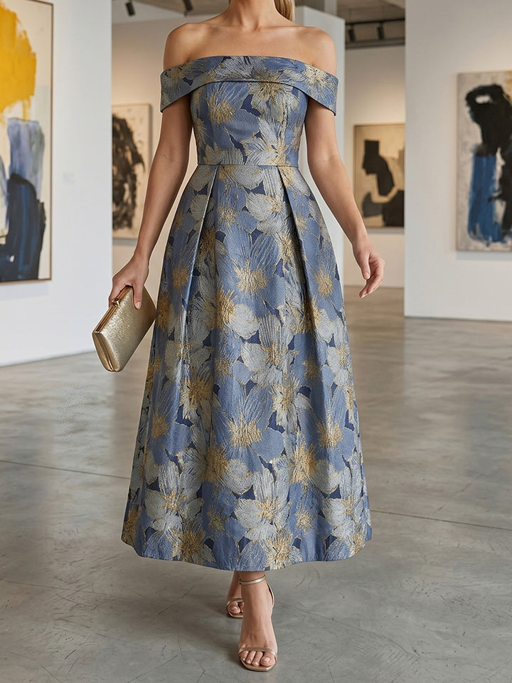 Ligne A/Princesse Hors de l'épaule Jacquard Robe Cocktail Florale Longueur du Thé Sans Manches