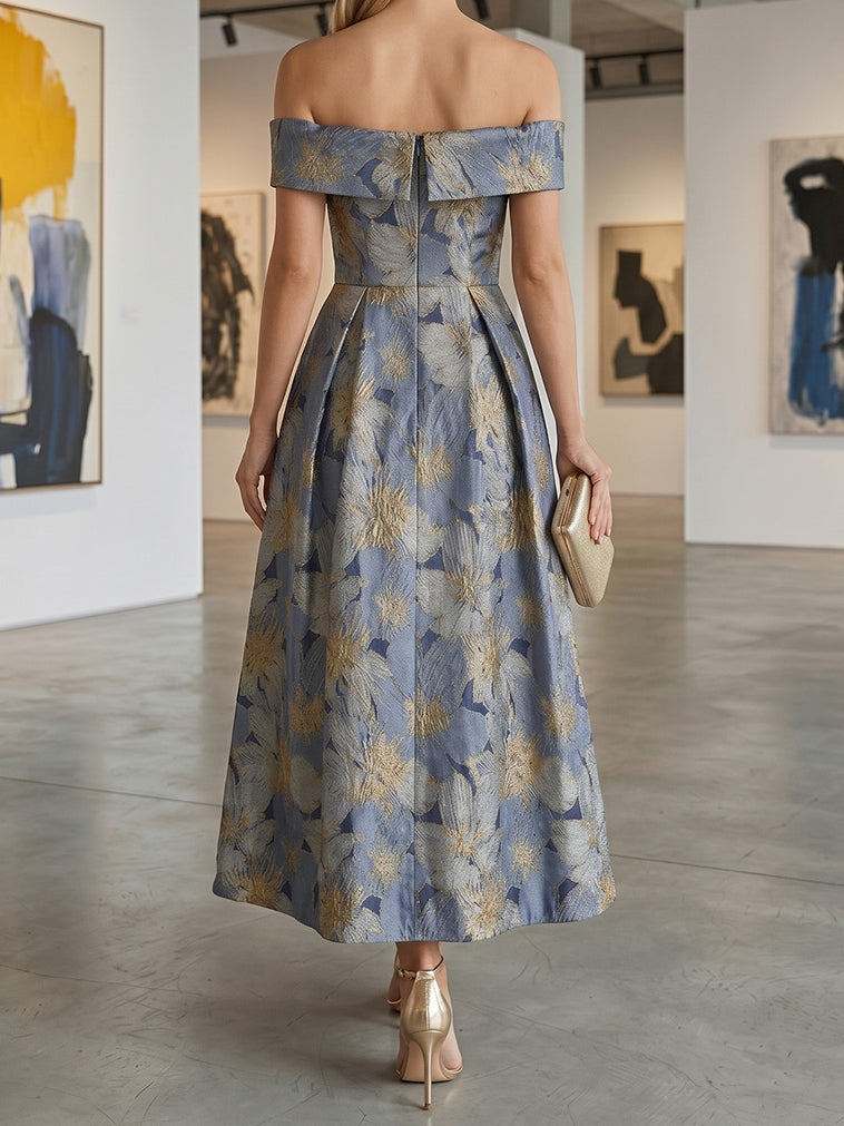 Ligne A/Princesse Hors de l'épaule Jacquard Robe Cocktail Florale Longueur du Thé Sans Manches