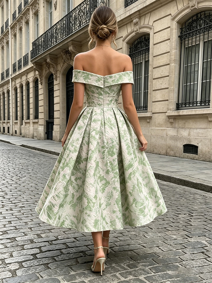Ligne A/Princesse Hors de l'épaule Jacquard Robe Cocktail Florale Longueur du Thé Sans Manches