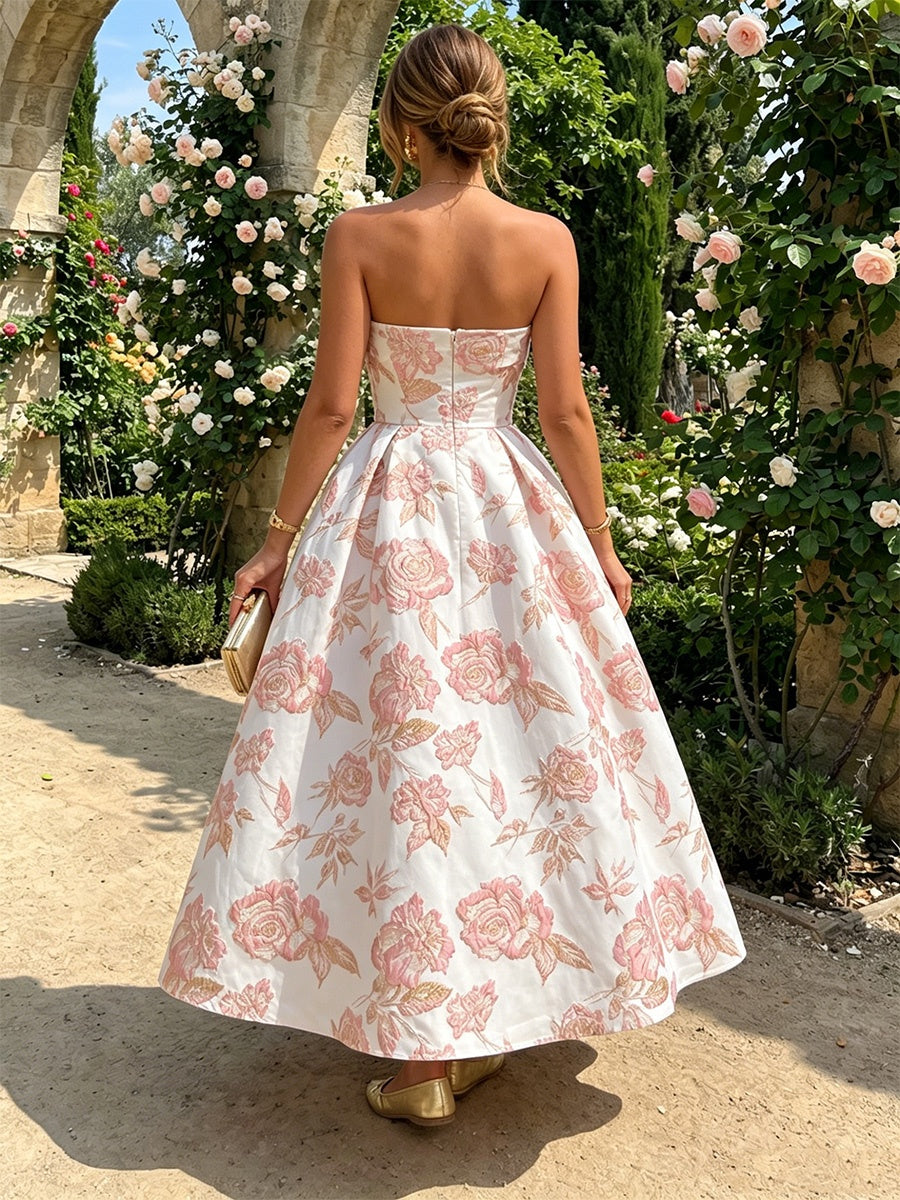 Ligne A/Princesse Bustier Jacquard Robe Cocktail Florale Longueur de la Cheville Sans Manches