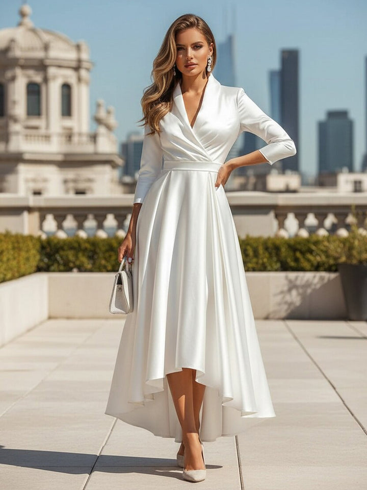 Robe de Cocktail Col en V, Manches 3/4, Longueur de la Cheville Haut-Bas, Satin, Ligne A/Princesse