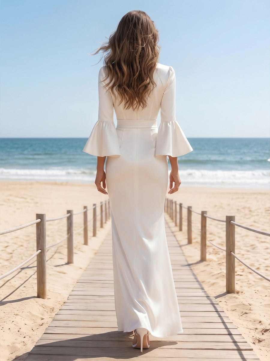 Robe de Cocktail Col en V, Manches 3/4, Longueur de la Cheville, Satin, Gaine/Colonne, avec Fente Latérale