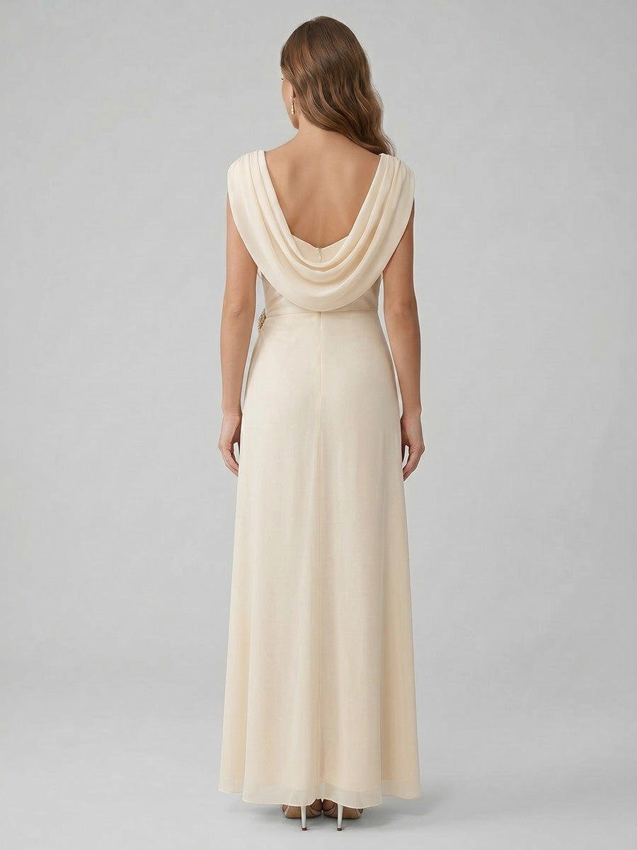 Robe de Cocktail Ligne A/Princesse en Mousseline à Col Drapé Longueur de la Cheville Manches Courtes avec Broche à Volants