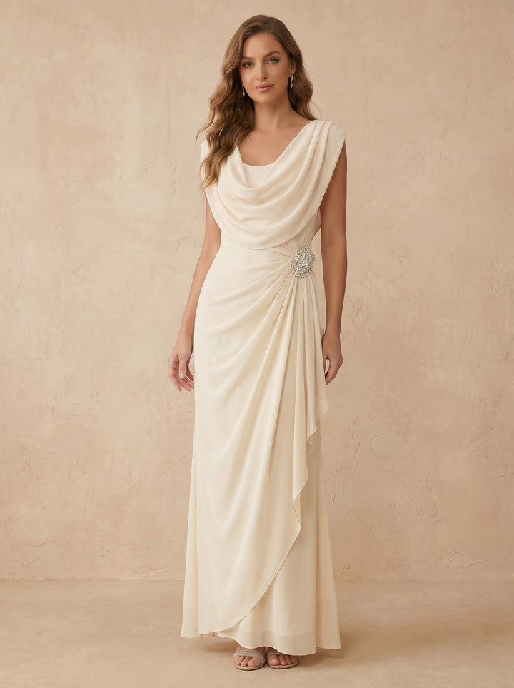 Robe de Cocktail Ligne A/Princesse en Mousseline à Col Drapé Longueur de la Cheville Manches Courtes avec Broche à Volants
