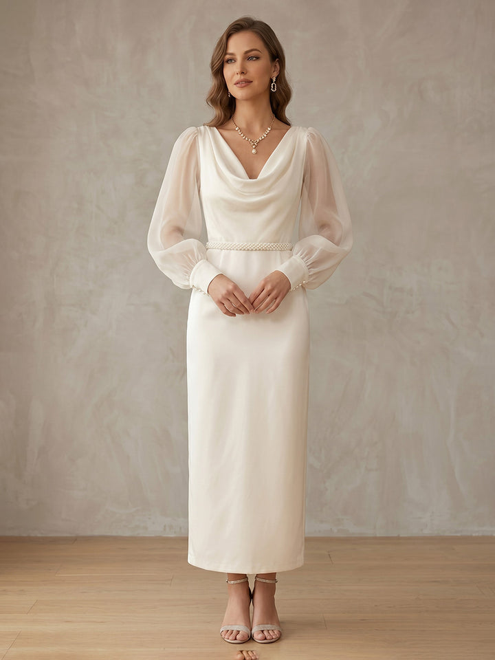 Robe de Cocktail Gaine/Colonne en Mousseline à Col Drapé Longueur de la Cheville Manches Longues Bouffantes