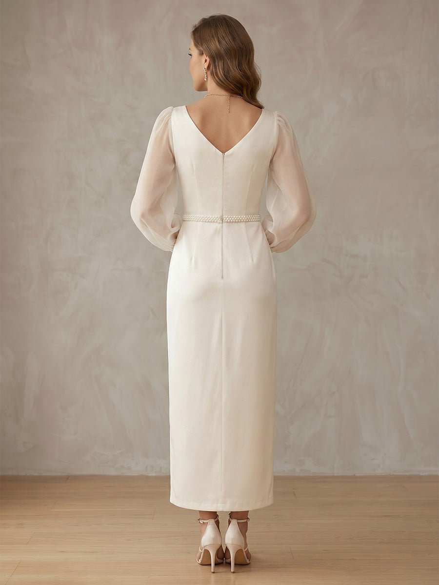Robe de Cocktail Gaine/Colonne en Mousseline à Col Drapé Longueur de la Cheville Manches Longues Bouffantes