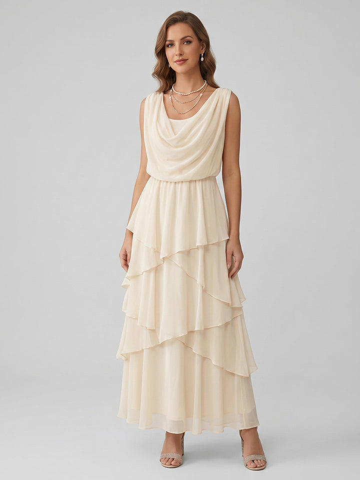 Robe de Cocktail Ligne A/Princesse en Mousseline à Col Drapé Longueur de la Cheville Sans Manches à Volants