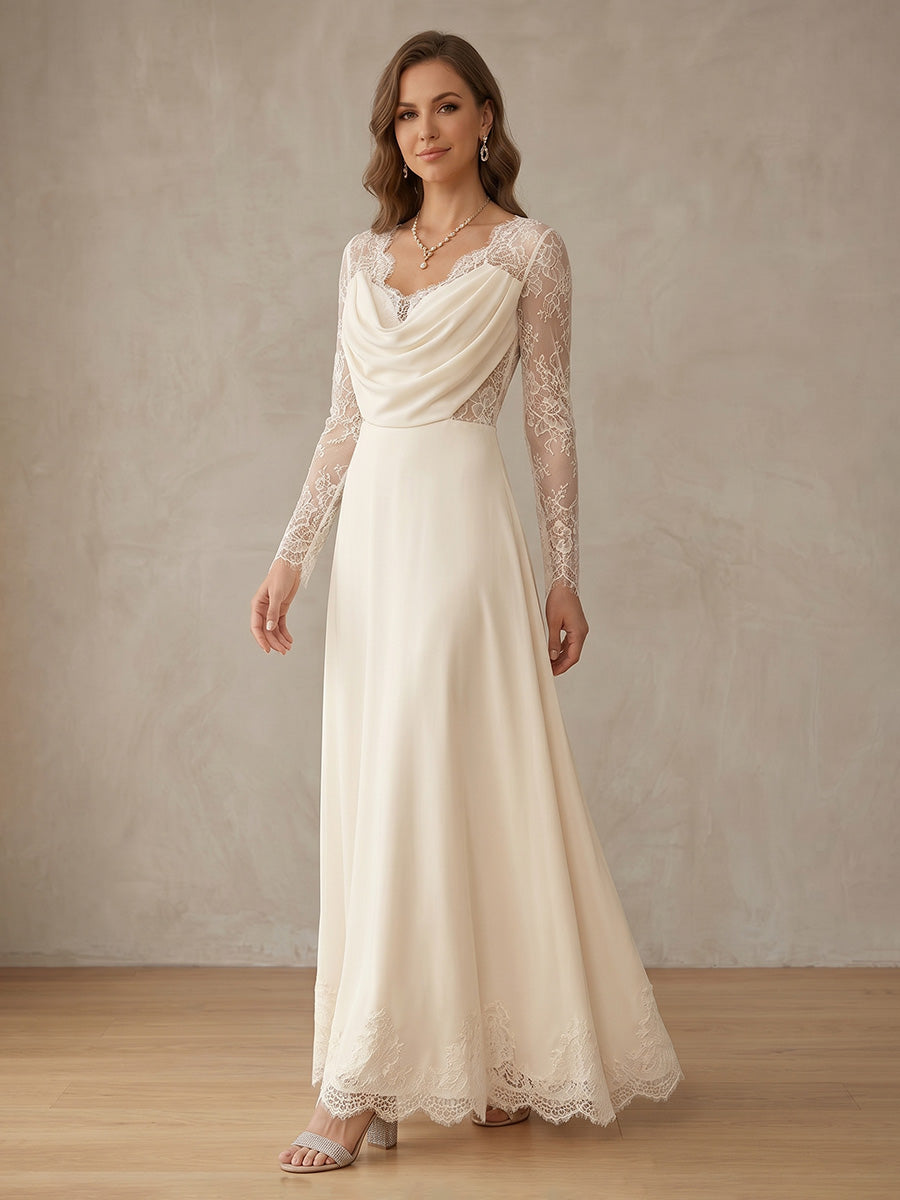 Robe de Cocktail Ligne A/Princesse en Mousseline à Col Drapé Longueur Cheville Manches Longues Dentelle