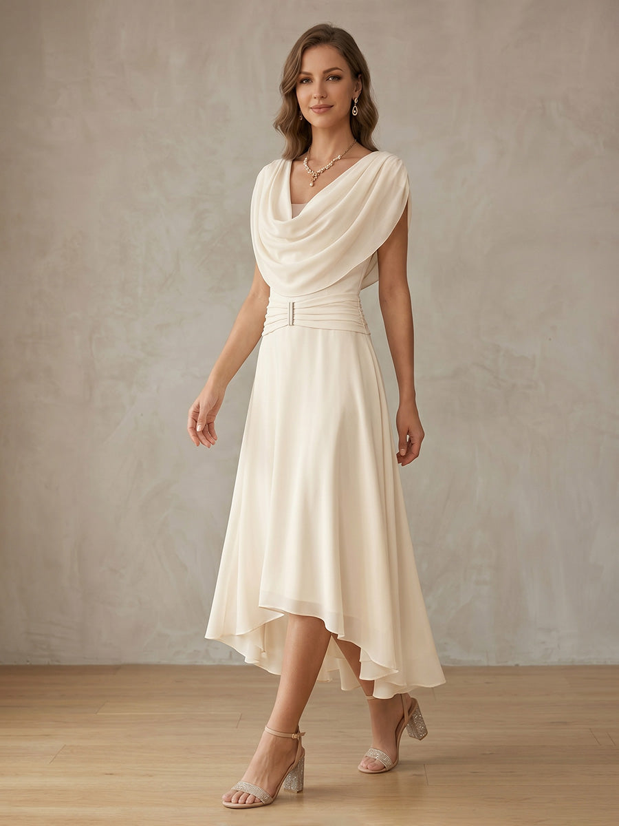 Robe de Cocktail Ligne A/Princesse en Mousseline à Col Drapé Longueur Haut-Bas Manches Courtes avec Ceinture