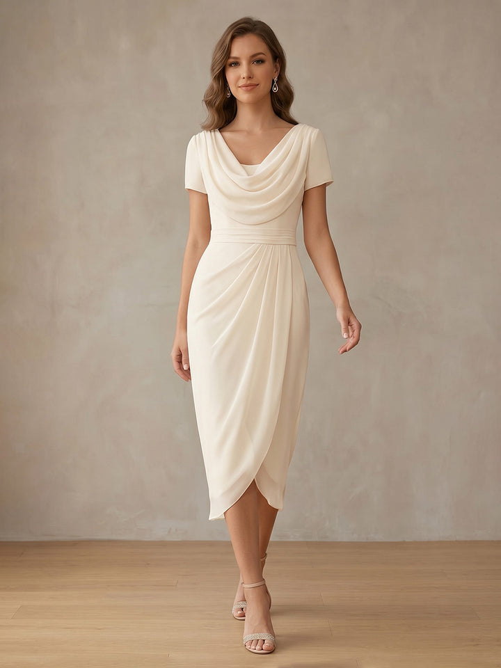 Robe de Cocktail Gaine/Colonne en Mousseline à Col Drapé Longueur Midi Manches Courtes à Volants