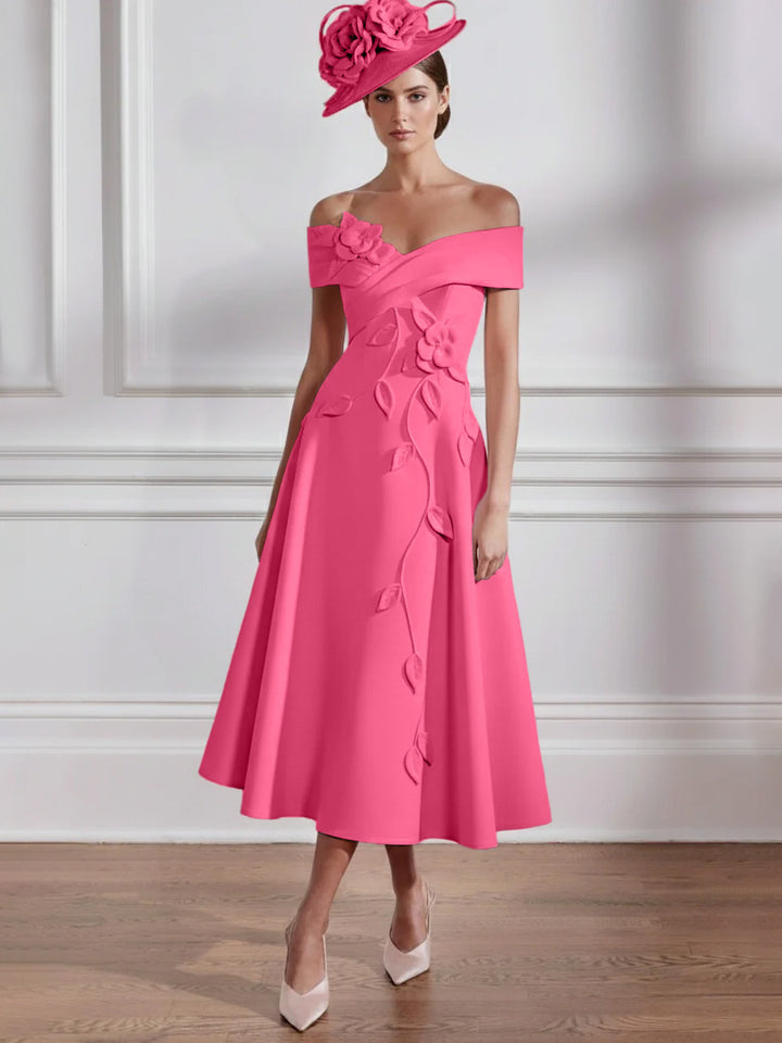 Robe Mère de la Mariée, Ligne A, Hors de l'épaule, Longueur Midi à Fleurs 3D, Sans Manches