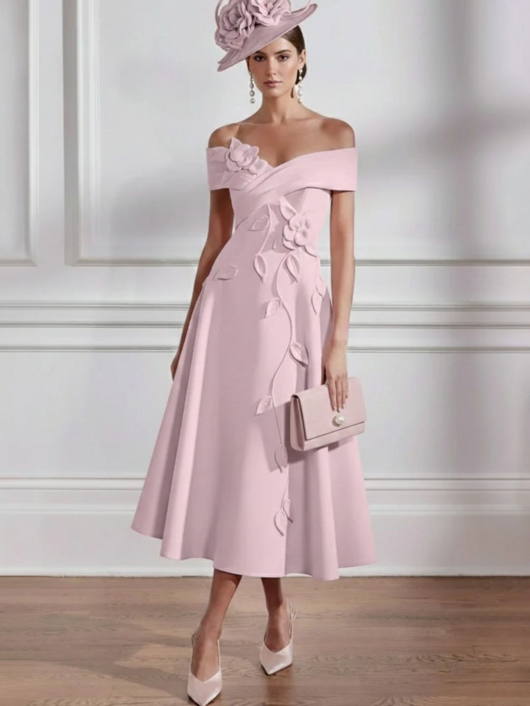 Robe Mère de la Mariée, Ligne A, Hors de l'épaule, Longueur Midi à Fleurs 3D, Sans Manches