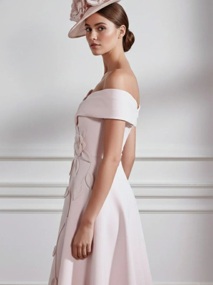 Robe Mère de la Mariée, Ligne A, Hors de l'épaule, Longueur Midi à Fleurs 3D, Sans Manches