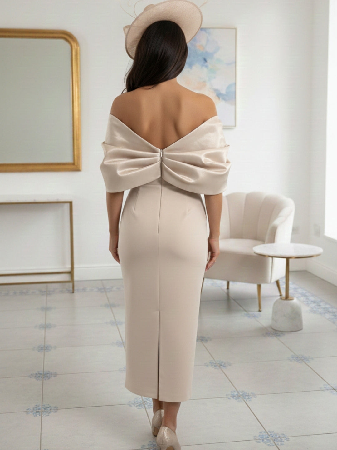 Robes de mère de la mariée coupe gaine/colonne avec manches 1/2, longueur cheville et décolleté off-the-shoulder