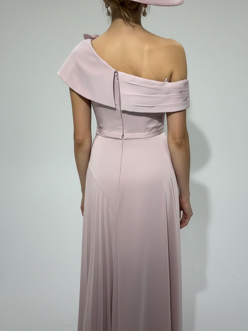 Robe Mère de la Mariée, Ligne A/Princesse, Une Épaule Nue, Crêpe Élastique, Sans Manches, Longueur du Thé, Plissée, Fleurs 3D