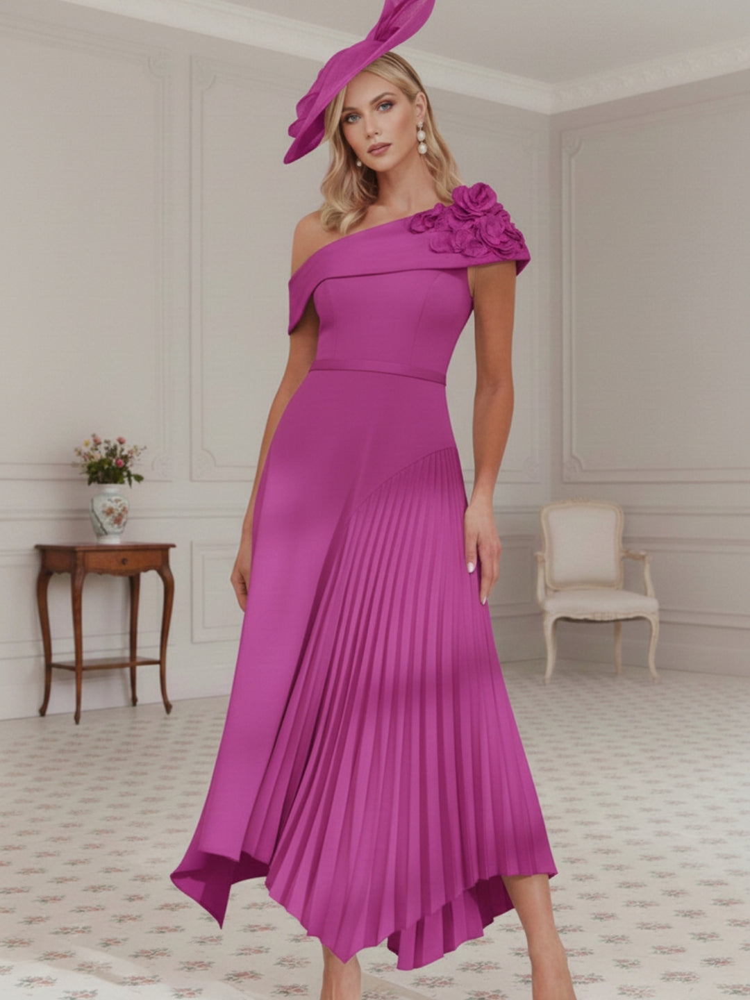 Robe Mère de la Mariée, Ligne A/Princesse, Une Épaule Nue, Crêpe Élastique, Sans Manches, Longueur du Thé, Plissée, Fleurs 3D