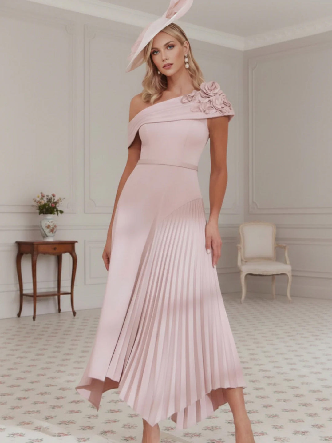 Robe Mère de la Mariée, Ligne A/Princesse, Une Épaule Nue, Crêpe Élastique, Sans Manches, Longueur du Thé, Plissée, Fleurs 3D