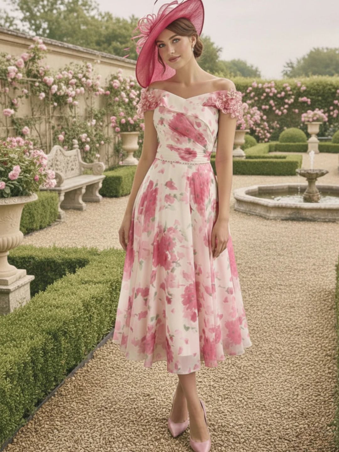 Robe Midi Mère de la Mariée à Ligne A et Hors de l'épaule Florale