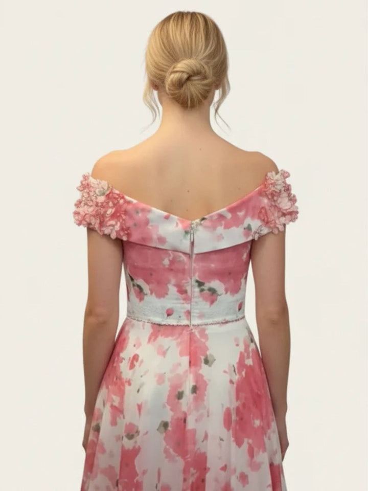Robe Midi Mère de la Mariée à Ligne A et Hors de l'épaule Florale