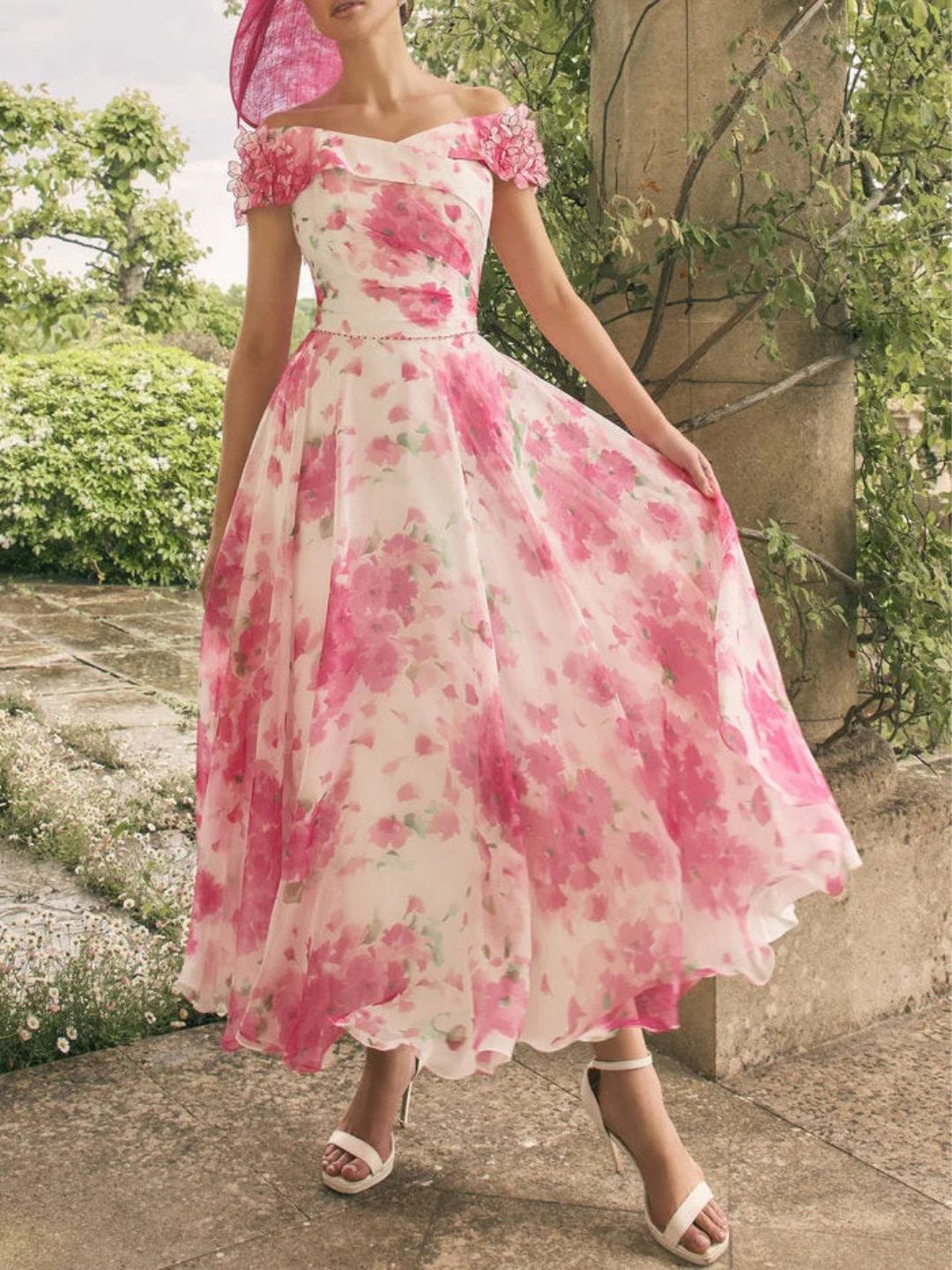 Robe Midi Mère de la Mariée à Ligne A et Hors de l'épaule Florale