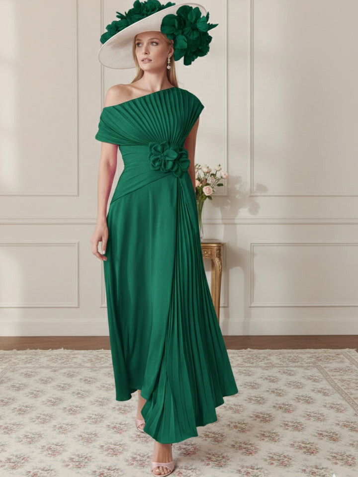 Robe Mère de la Mariée, Ligne A/Princesse, Hors de l'épaule, Crêpe Élastique, Manches Courtes, Plissé, Longueur de la Cheville