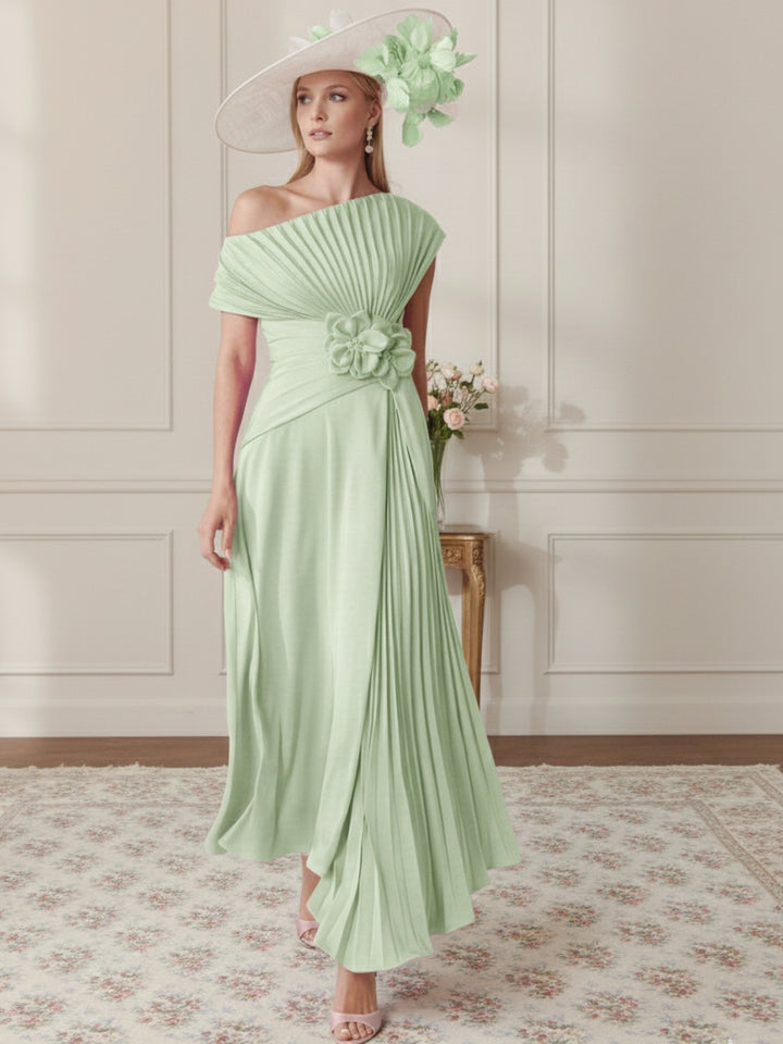 Robe Mère de la Mariée, Ligne A/Princesse, Hors de l'épaule, Crêpe Élastique, Manches Courtes, Plissé, Longueur de la Cheville