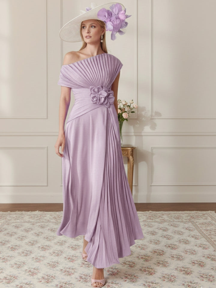 Robe Mère de la Mariée, Ligne A/Princesse, Hors de l'épaule, Crêpe Élastique, Manches Courtes, Plissé, Longueur de la Cheville