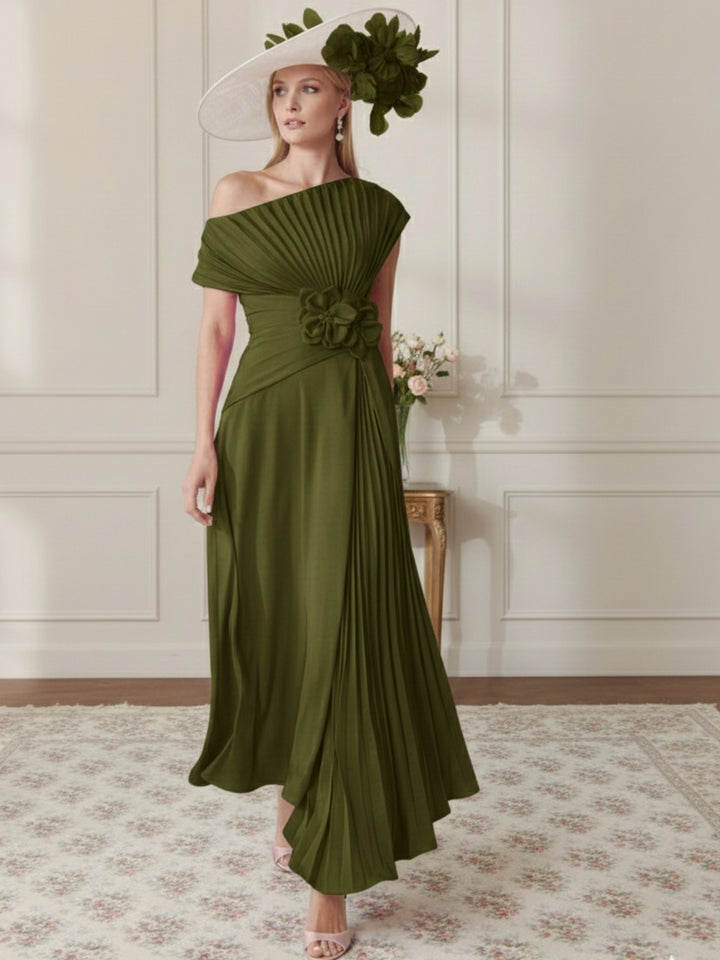 Robe Mère de la Mariée, Ligne A/Princesse, Hors de l'épaule, Crêpe Élastique, Manches Courtes, Plissé, Longueur de la Cheville