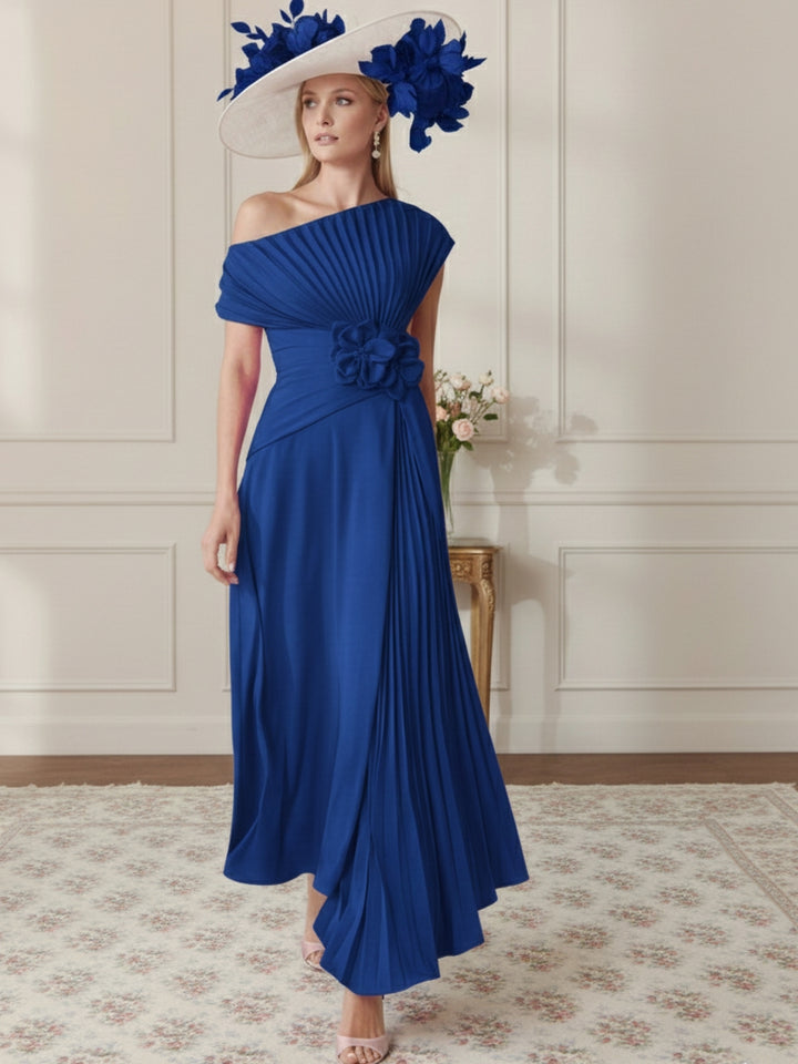 Robe Mère de la Mariée, Ligne A/Princesse, Hors de l'épaule, Crêpe Élastique, Manches Courtes, Plissé, Longueur de la Cheville
