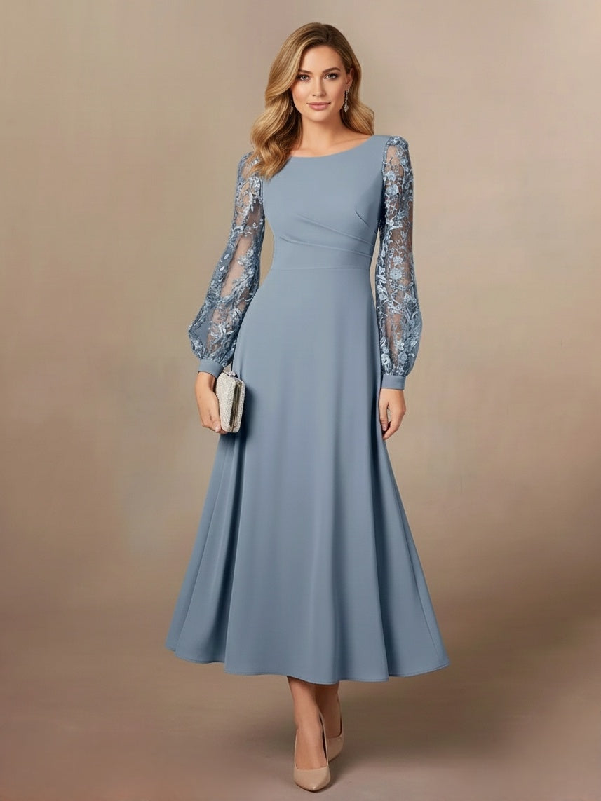 Robe mère de la mariée ligne A, col rond, manches lanternes, appliques