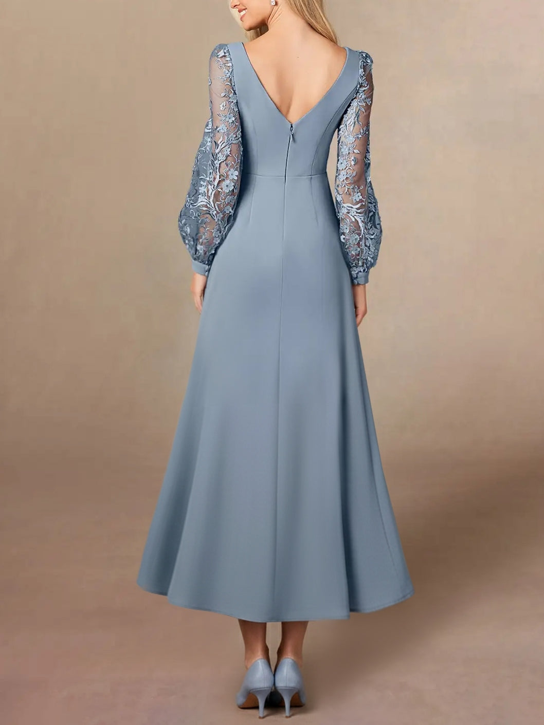 Robe mère de la mariée ligne A, col rond, manches lanternes, appliques