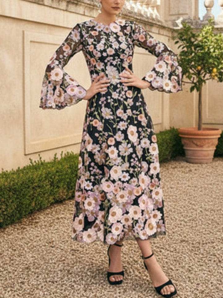 Robe mère de la mariée ligne A, col rond, manches longues, longueur midi, appliques