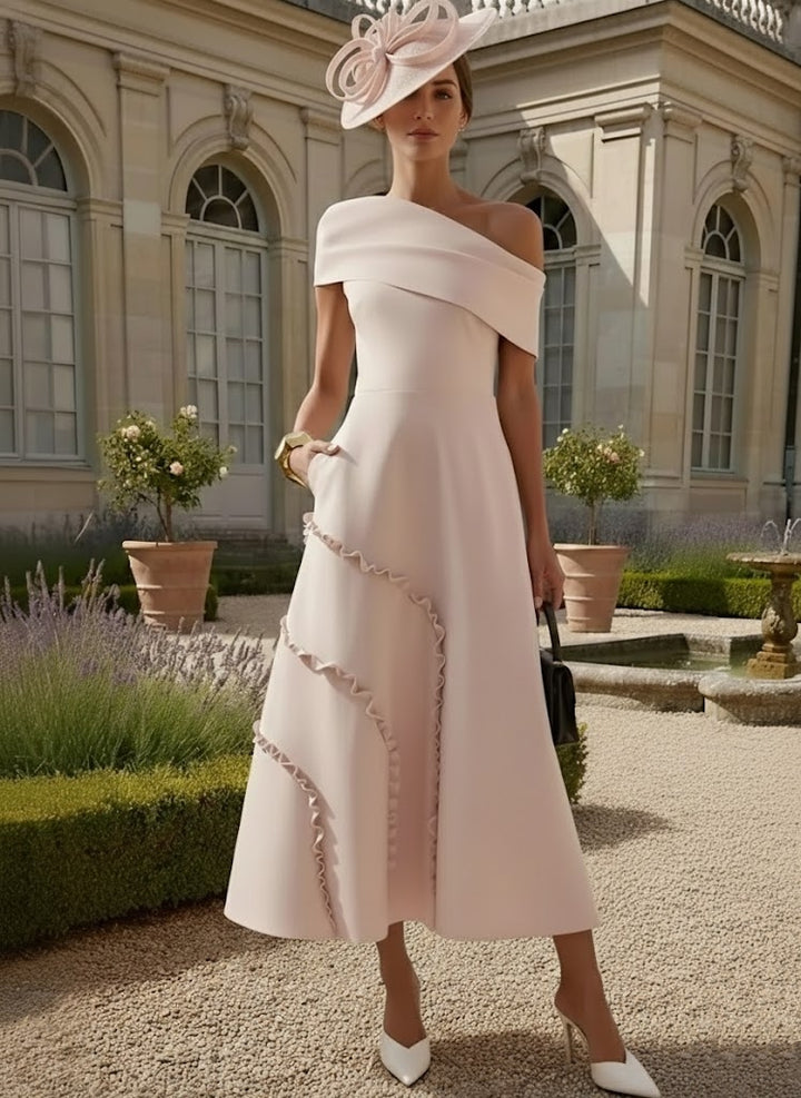 Robes pour Mère de la Mariée, Ligne A/Princesse, Une Épaule Nue, Satin Élastique, Longueur Midi, Sans Manches