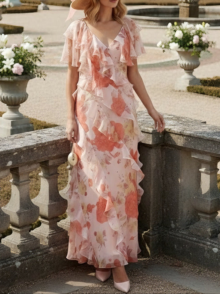 Robe Mère de la Mariée, Ligne A/Princesse, Col en V, Mousseline, Manches Courtes, Longueur de la Cheville, Florale, Volants