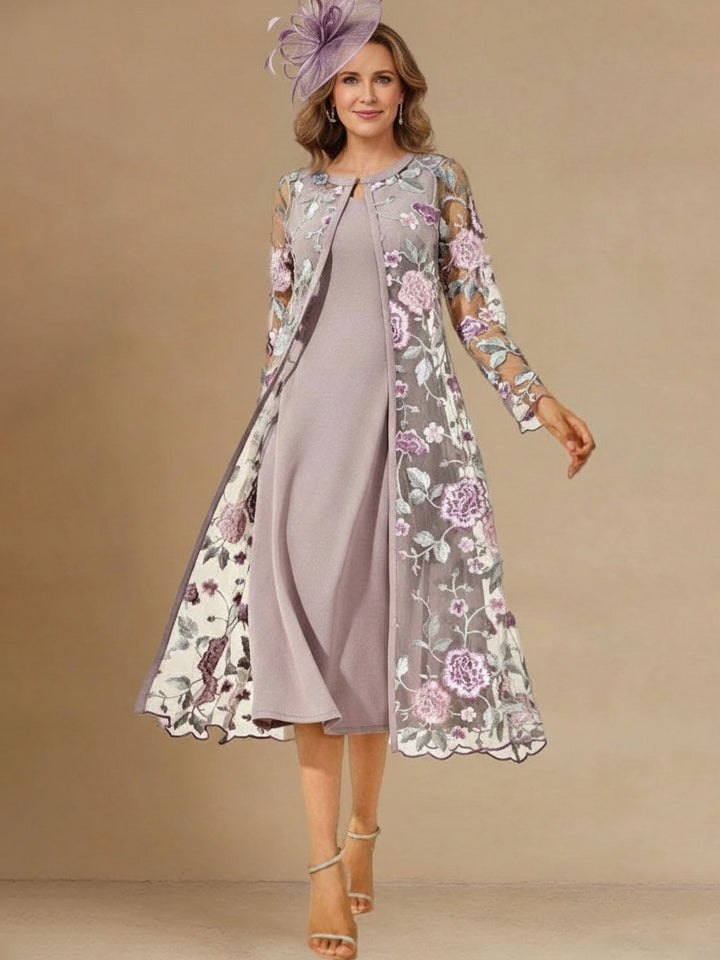 Ensemble 2 pièces mère de la mariée ligne A satin col rond, longueur midi, manches longues, floral, appliques et veste en dentelle