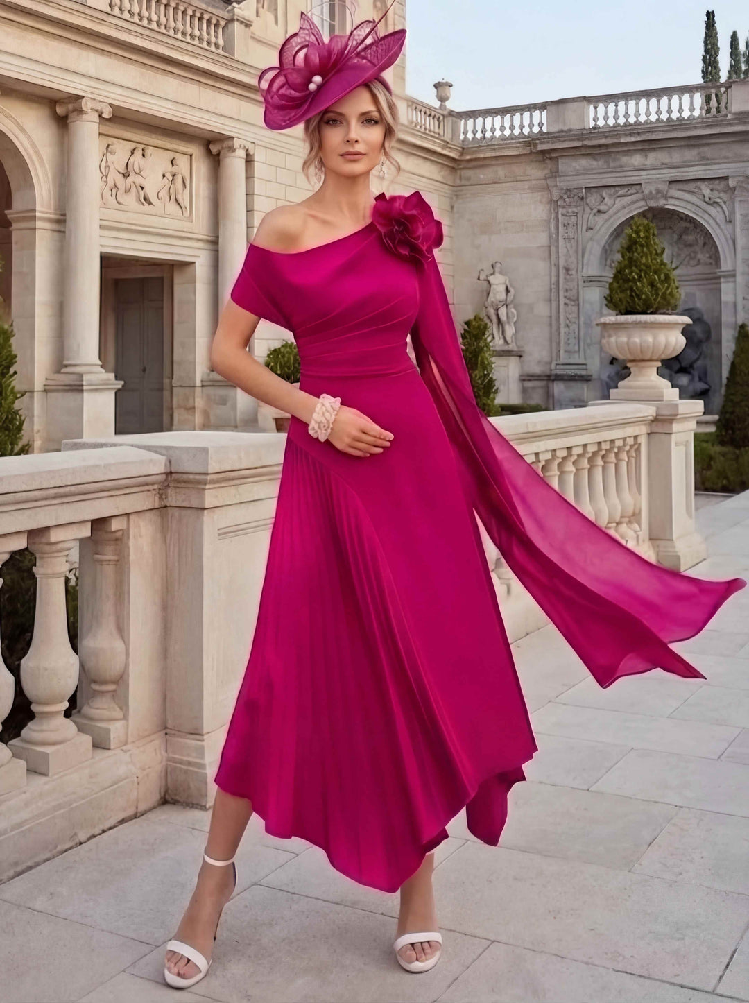 Robes pour mère de la mariée, coupe A ou princesse, une épaule dénudée, en mousseline, longueur cheville, sans manches, asymétriques, avec fleurs 3D