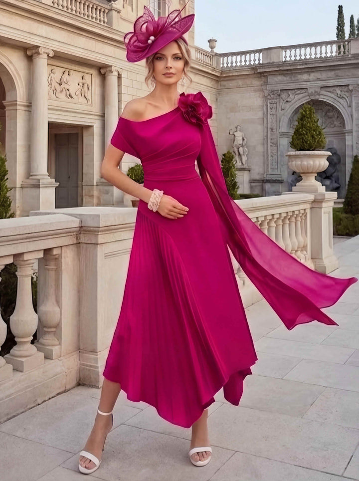 Robes pour mère de la mariée, coupe A ou princesse, une épaule dénudée, en mousseline, longueur cheville, sans manches, asymétriques, avec fleurs 3D