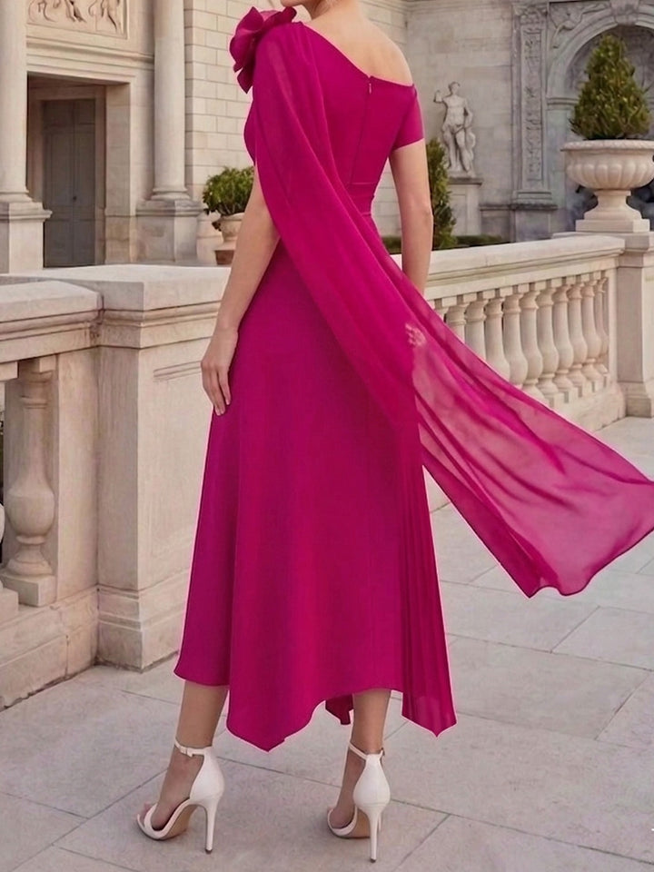 Robes pour mère de la mariée, coupe A ou princesse, une épaule dénudée, en mousseline, longueur cheville, sans manches, asymétriques, avec fleurs 3D
