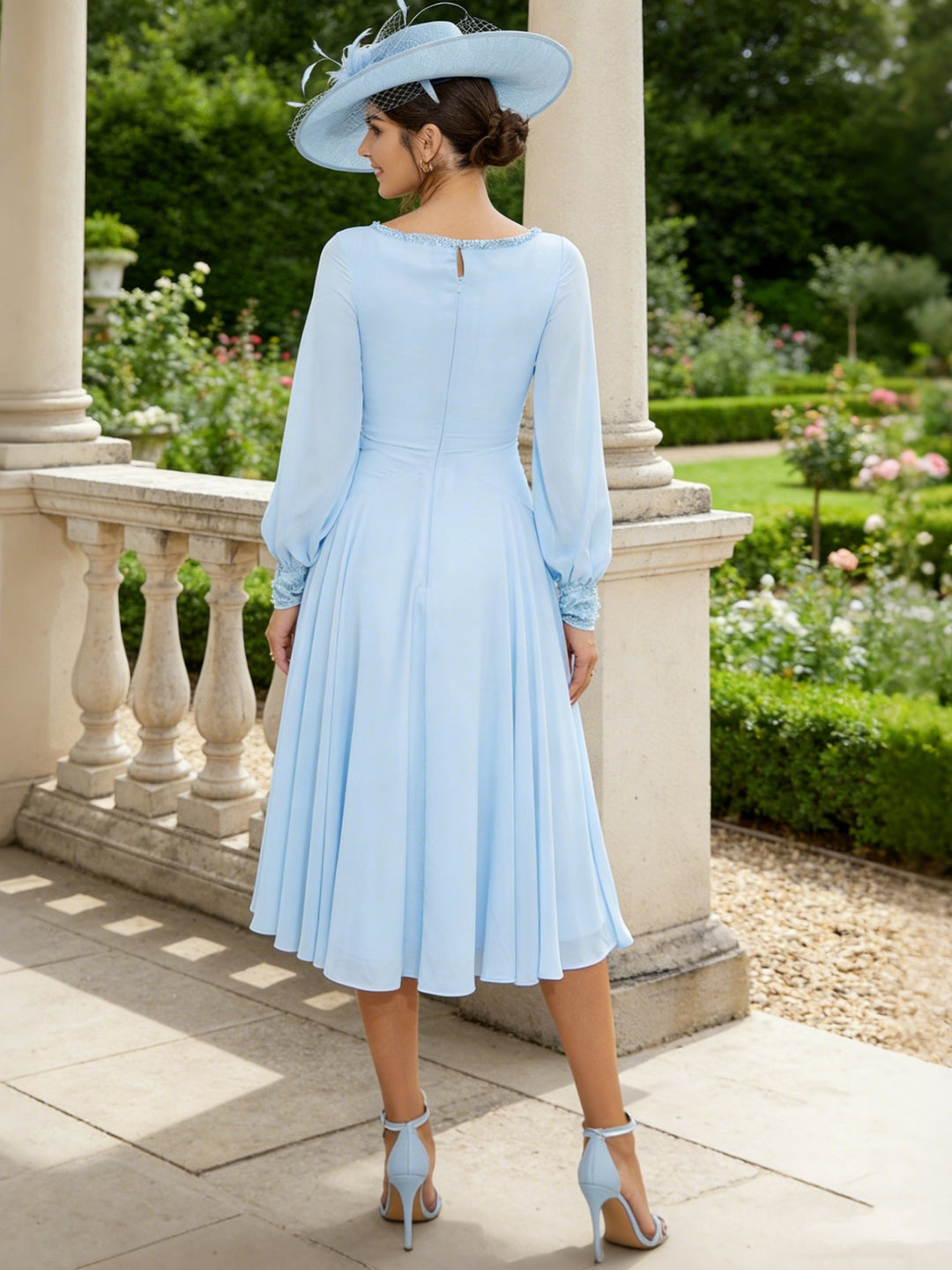 Robe mère de la mariée, Ligne A/Princesse, Col Rond, Mousseline, Manches Longues, Longueur du Thé, Plissée, Paillettes